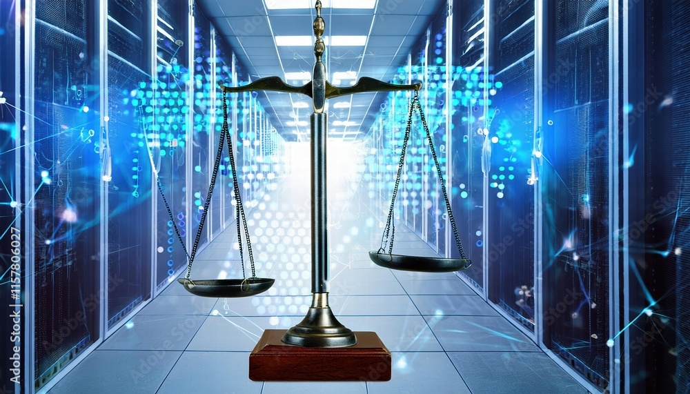 Poster digital representation of law scales against a data center background exploring the duality of judic