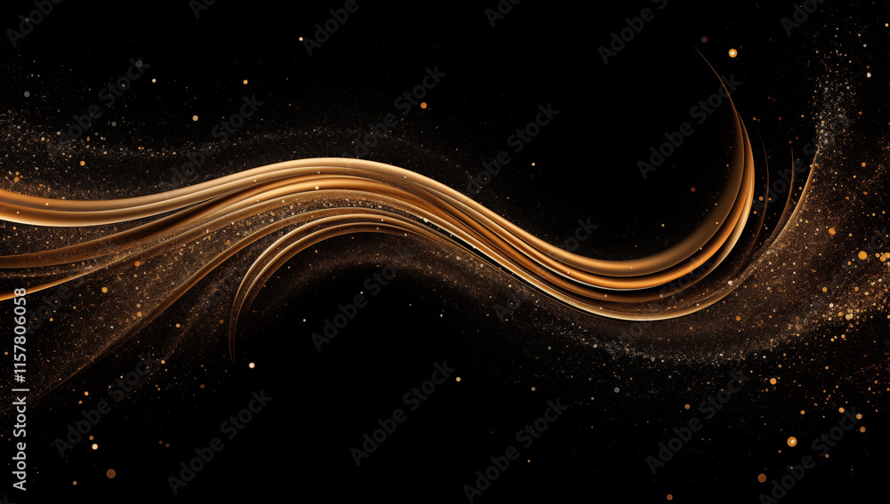 Poster enchanting abstract background with golden light trails and sparkling particles on deep black, radia