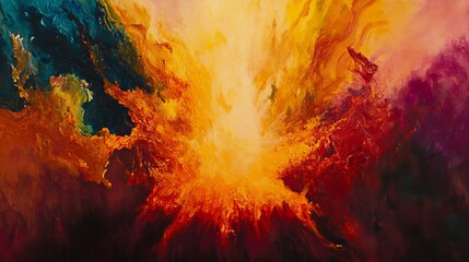 Colorful explosion with fire and smoke on light background