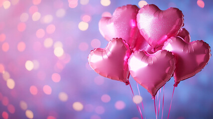 Pink heart-shaped balloons against a blurred pink and purple background with bokeh lights