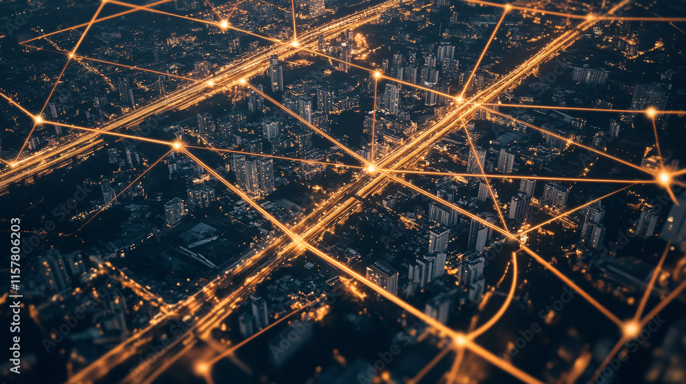 Poster an aerial photograph of a city’s grid layout illuminated by lights in a network pattern showcasing u