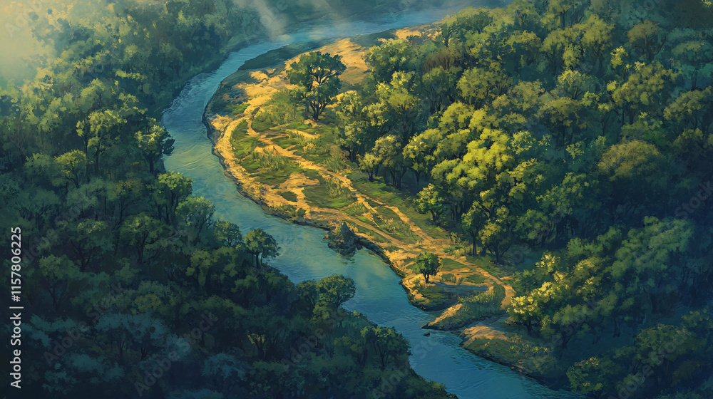 Poster aerial view of a dense forest with winding river cutting through lush greenery, sunlight filtering t