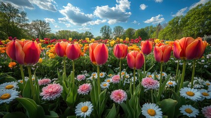 Vibrant tulips and daisies in a sunny spring garden.