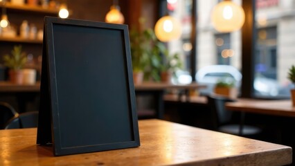 A blank black menu board stands on a wooden table in a blurred cafe setting. Concept of: Restaurant menu display.
