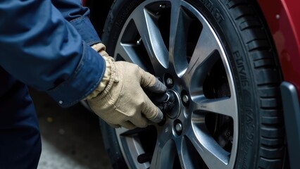 A person wearing gloves is changing a car tire. Concept of: Automotive maintenance.