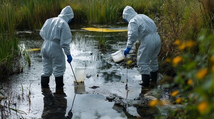 Scientist wearing protective  uniform and glove under working water analysis and water quality by get waste water to check case in laboratory is environment pollution problem concept.
