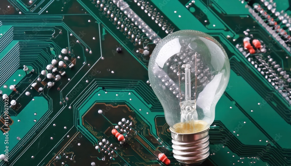 Poster illuminating innovation a light bulb set against a complex electronic circuit background showcasing 