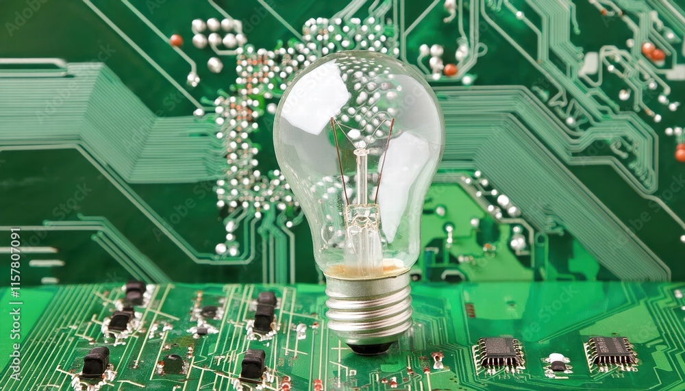 Poster illuminating innovation a light bulb set against a complex electronic circuit background, symbolizin