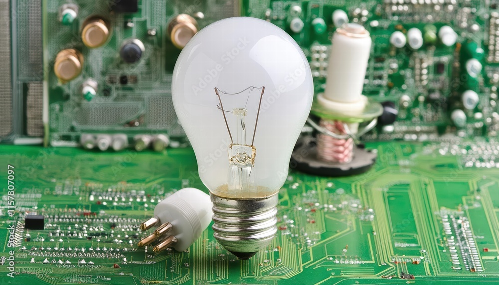 Poster illuminating innovation a light bulb set against a complex electronic circuit background, showcasing