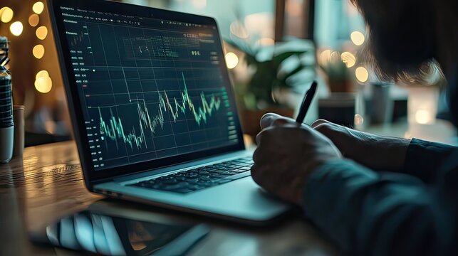 A graph showing fluctuating interest rates over time, displayed on a laptop with a financial advisor taking notes.