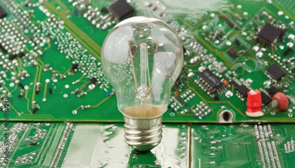 Poster illuminating innovation a closeup of a light bulb set against a complex electronic circuit backgroun