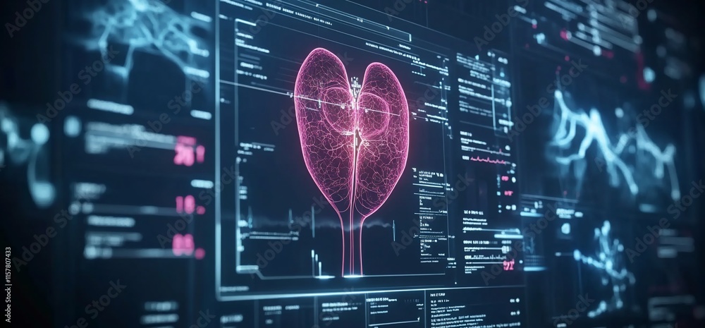 Poster digital representation of a heart with data analysis and medical graphics.