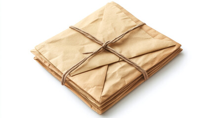 Stack of kraft paper envelopes tied with twine on white background.