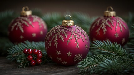 Fototapeta premium Festive Red Christmas Ornaments with Gold Accents Surrounded by Pine Branches and Berries, Ideal for Holiday Decorations and Seasonal Celebrations