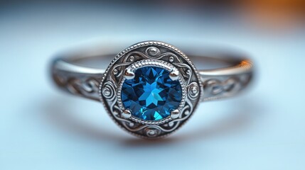 Close-up of a blue gemstone ring with intricate silver setting.