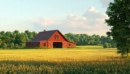 Obraz premium Red barn in a golden field. AI.