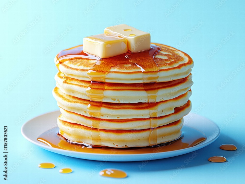 Poster a stack of pancakes drizzled with syrup and topped with butter. ai.