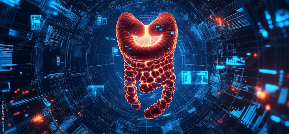Aufkleber digital representation of a glowing intestinal structure in a futuristic setting.