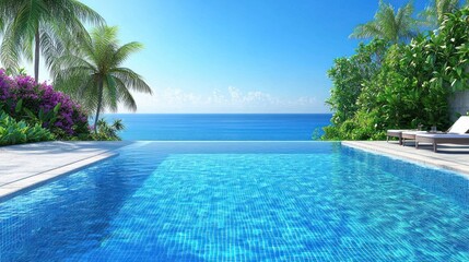 Relaxation in a stunning infinity pool beside the tranquil ocean under a clear blue sky in a tropical setting