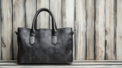 A sleek black leather handbag is placed on a wooden shelf with light illuminating its texture