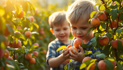 A 5 year old boy picks peaches in the garden. Teaching a child to work. Helping adults, harvesting. Summer activities, Dynamic motion. isolated with white highlights