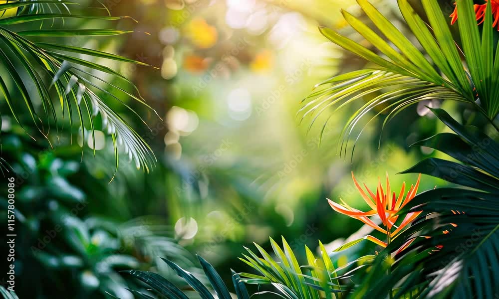 Poster sunlight filtering through vibrant green foliage with hints of red