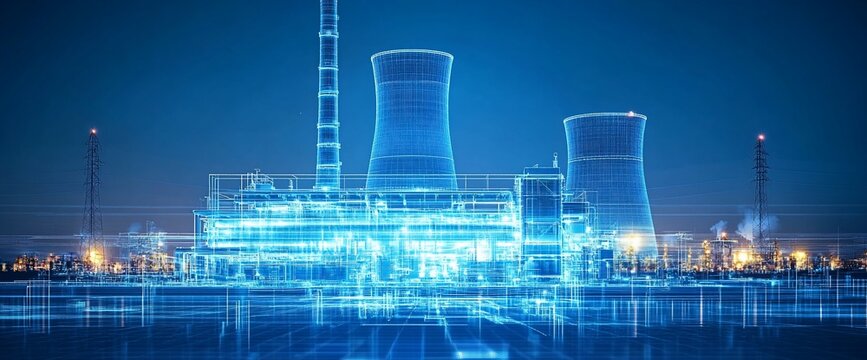 Digital representation of a nuclear power plant with cooling towers.