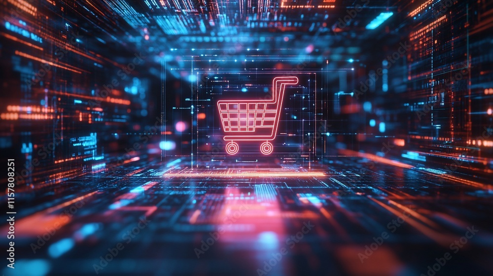 Poster digital shopping cart icon in a futuristic, data-driven environment.