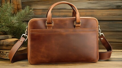 A brown leather briefcase sits elegantly on a wooden table surrounded by rustic decor