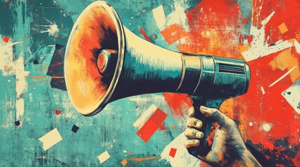 Trendy retro Halftone Collage with Megaphone, Laptop and Hand. Social media news and propaganda. Pop art design loudspeaker. Promotion banner with ripped paper. Conceptual composition