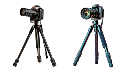 Set of camera on tripod, isolated on transparent background. PNG element.