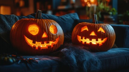 Fototapeta premium Spooky Halloween Pumpkins with Grinning Faces on Cozy Sofa Surrounded by Mysterious Atmosphere and Soft Lighting for Festive Fall Decor
