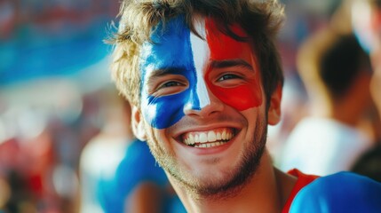 Joyful fan at international sporting event with colorful face paint Rose Bowl Game