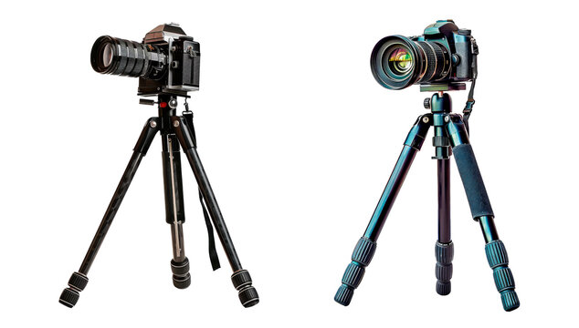 Set of camera on tripod, isolated on transparent background. PNG element.