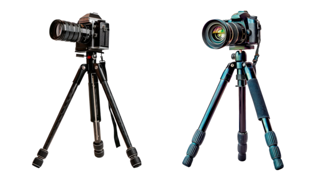 Set of camera on tripod, isolated on transparent background. PNG element.