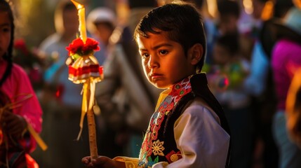 Hispanic child with traditional attire holding candle at cultural festival Feast of Candelaria