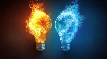 Light bulbs glow with fire and ice effects, symbolizing contrasting energies and creative inspiration