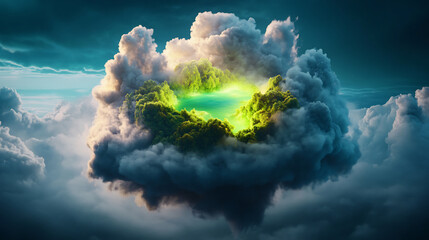 Naklejka premium Stunning Digital Painting: Lush Island Mysteriously Floating Amidst Dramatic Cloudscape. AI Generated