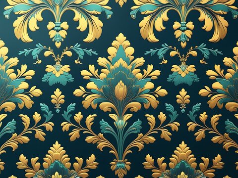 Fototapeta Elegant Gold and Teal Floral Damask Pattern