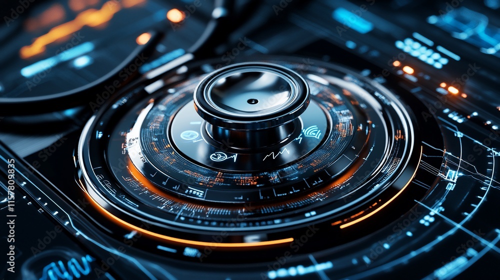 Poster futuristic control panel with glowing elements and intricate design.