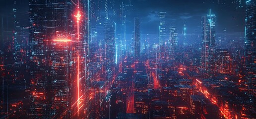 Obraz premium Futuristic cityscape with glowing skyscrapers and vibrant neon lights.