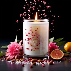 Soothing candle with colorful petals and fresh fruits creates a calming atmosphere. Ideal for enhancing wellness, lifestyle, and cozy home environments.