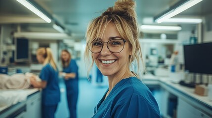 Obraz premium Healthcare worker in scrubs smiles while assisting in a dynamic clinical setting with other staff