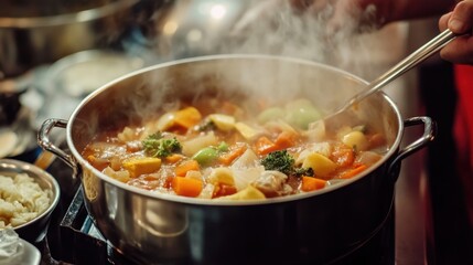 Chinese Sticky Rice Hot Pot Delicious homemade vegetable hot pot dish with steamy aroma in kitchen setting