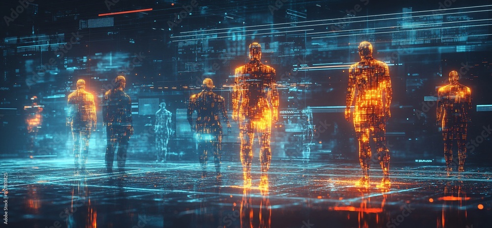 Poster futuristic digital figures illuminated in a high-tech environment.