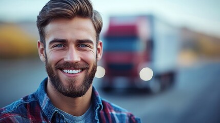 Fototapeta premium A friendly man with a beard smiles joyfully while standing near a truck on a clear day