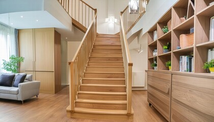 Luxury Contemporary Interior Design in a MultiStorey Home Featuring Sleek Wooden Stairs and Custom Furnishings for a Stylish and Elegant Living Experience
