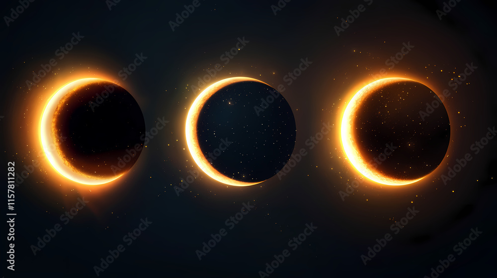 Wall mural solar eclipse in different phases. cosmos with moon and sun in total and partial solar eclipse and s