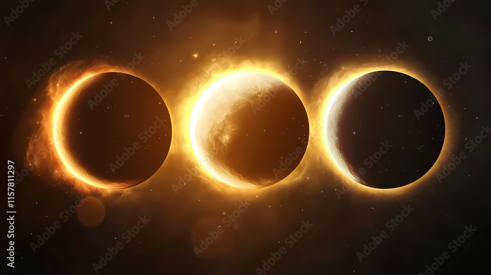 Wall mural solar eclipse in different phases. cosmos with moon and sun in total and partial solar eclipse and s