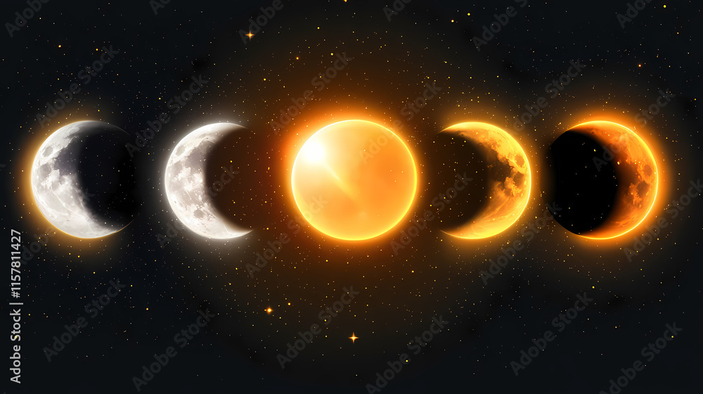Wall mural solar eclipse in different phases. cosmos with moon and sun in total and partial solar eclipse and s